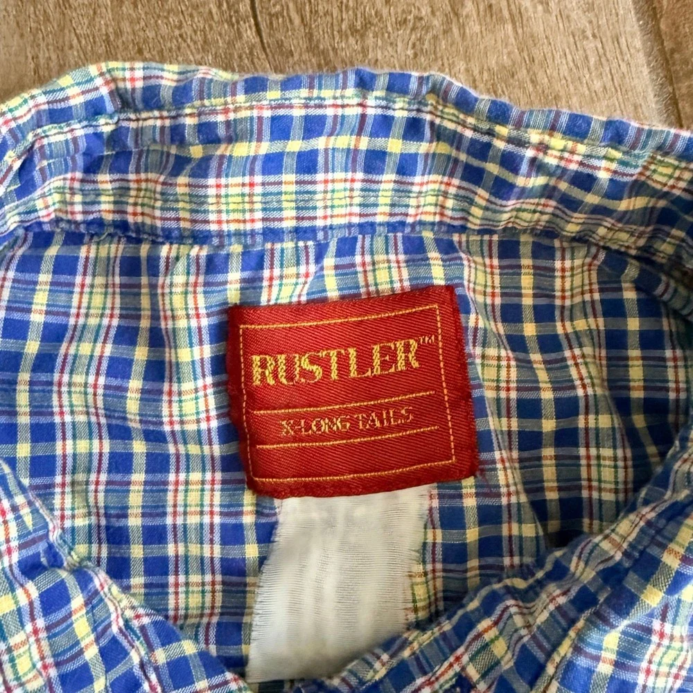 Wrangler Rustler‎ VTG Western Plaid Single Stitch Snap SS Shirt,Blue Yellow,XLT